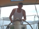 Mark at the helm crossing Sir Francis Drake Channel